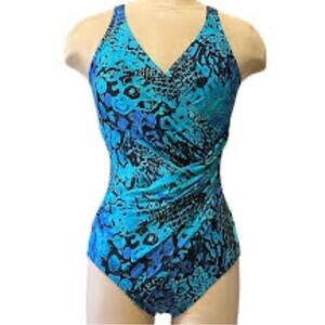 MIRACLESUIT One Piece Swimsuit Ruched Slimming  Blue Animal Print 14 NWOT